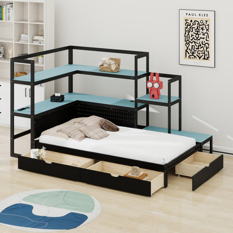 Gaming Bed and Desk with LED Light, 3 Storage Drawers and Built-in  Charging Station, Black+Blue