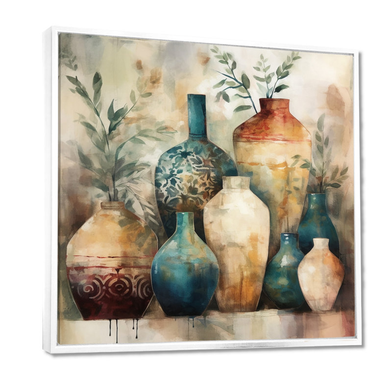 Poterie artisanale verte et orange Kingsfield I - Boho Pottery, reproduction d'art encadrée, H 30 po x l 30 po, Blanc