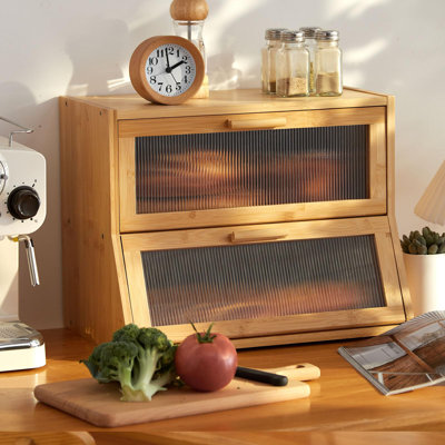 Double Layer Bamboo Bread Box For Kitchen Counter,Large Capacity Bread Storage Bin,Bread Container