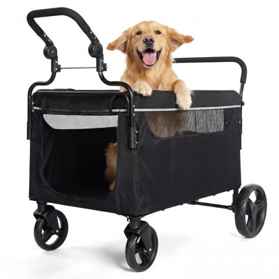 Poussette pliable pour chiens de grande et moyenne taille - Tout-terrain, roues silencieuses antidérapantes universelles à 360 ° et freins arrière réactifs, filet transparent respirant pour une utilisation toutes saisons