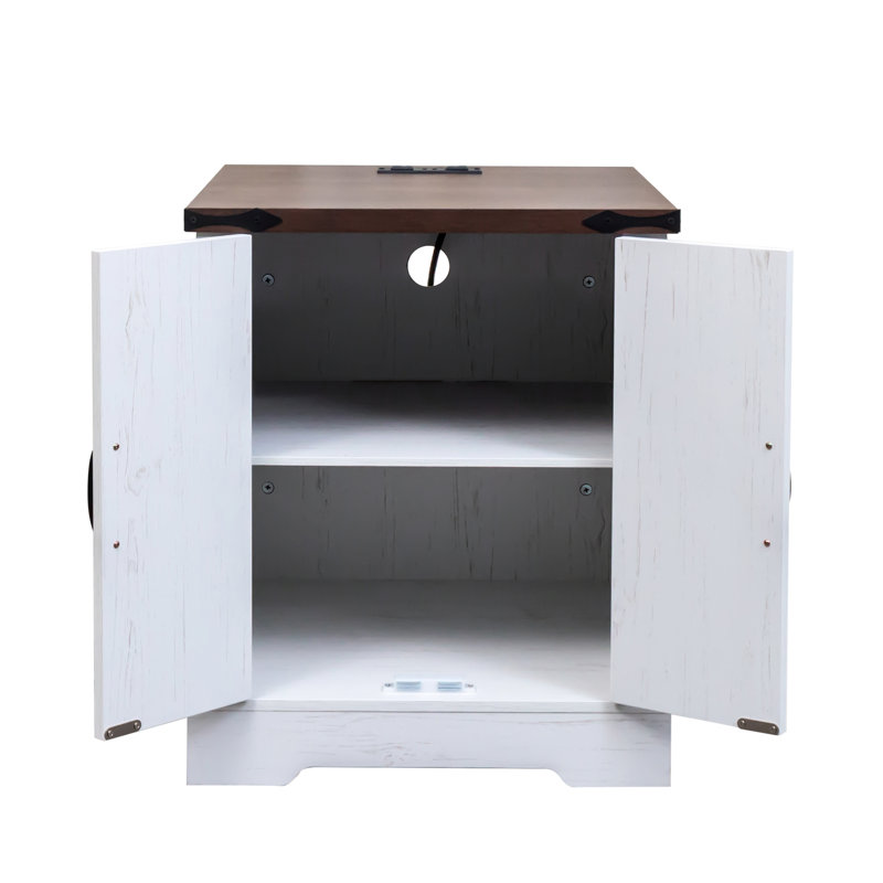 Table de bout en noyer avec fonction de charge - Design rustique et tablette réglable Base blanche Accent latéral foncé