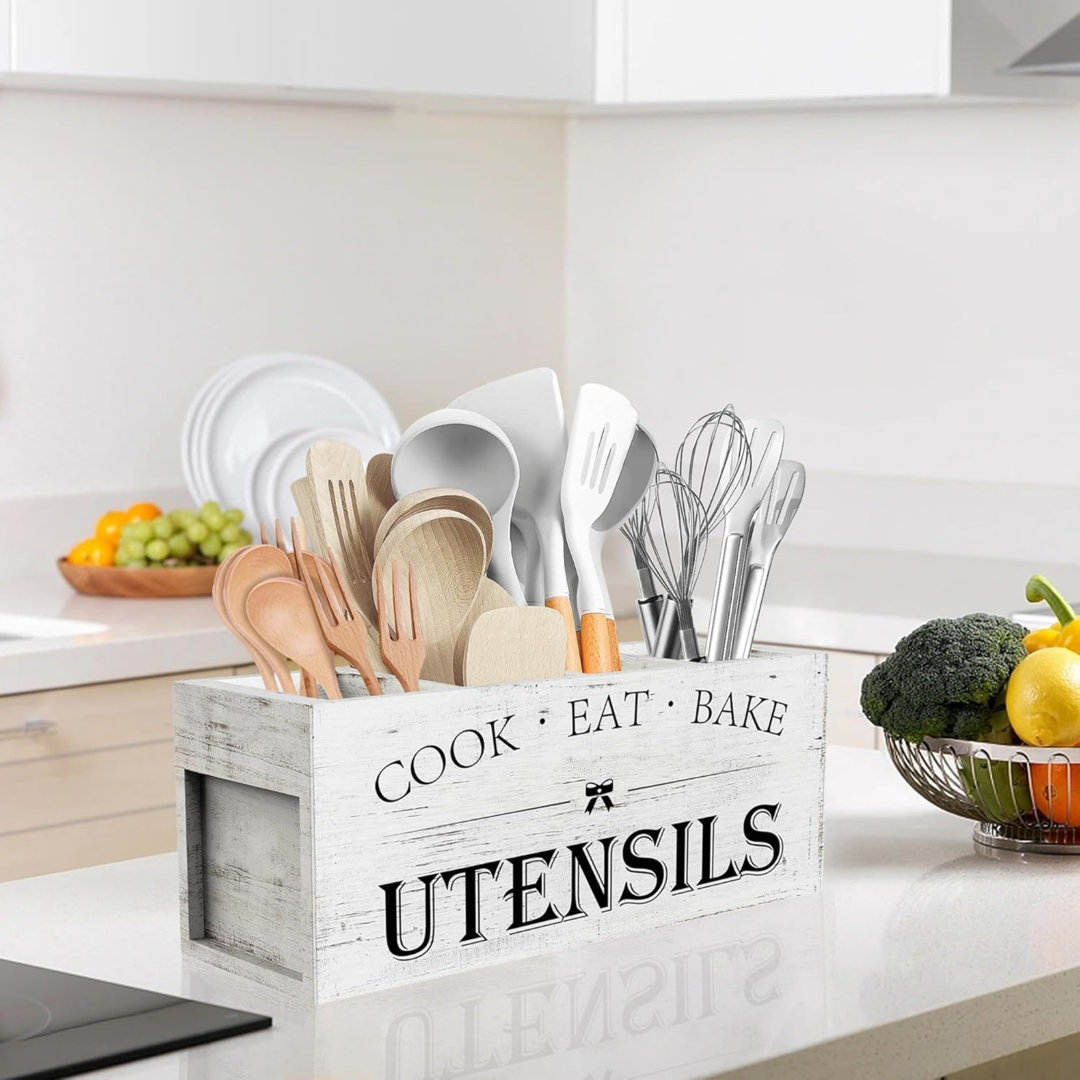 Extra Large Wooden Kitchen Utensils Holder with 4 Compartments, White