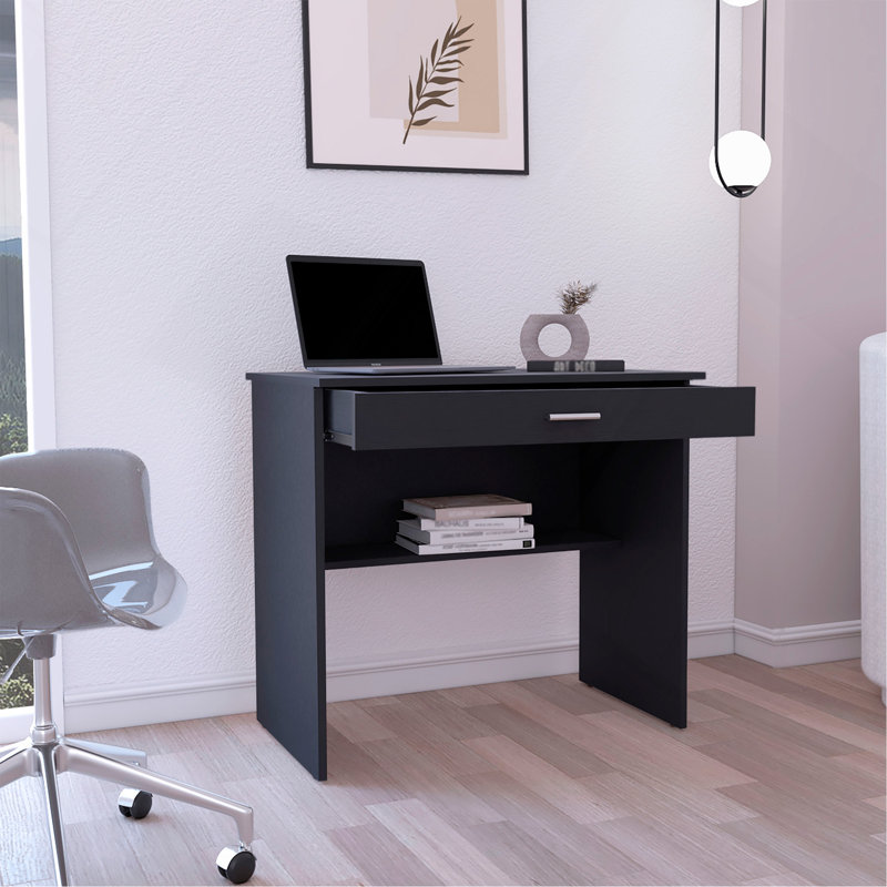80 C Writting Desk, Compact Workstation With Drawer And Lower Shelf, Black