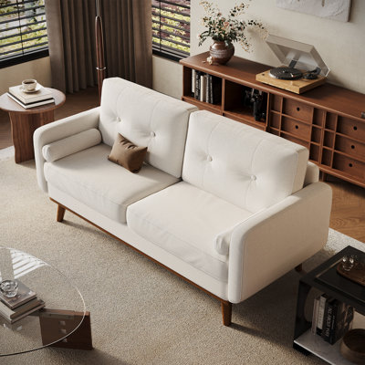 Canapé Mid-Century moderne - canapé 2 places en lin 65 po, siège profond, 2 coussins décoratifs, compact pour salon, chambre à coucher, appartement, bureau, dortoir