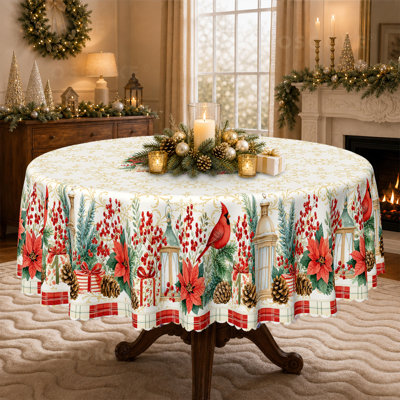 Vintage Poinsettia & Cardinal Christmas Tablecloth, Rustic Lantern Winter Table Cover, Merry Christmas Wreath Holiday Decor