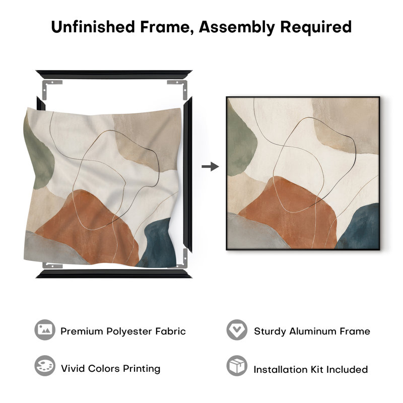 Très grand art mural imprimé sur tissu - Formes abstraites organiques avec des blocs de couleur terre pour le salon ou la chambre à coucher - «Assemblage requis du cadre (cadre non fini)»