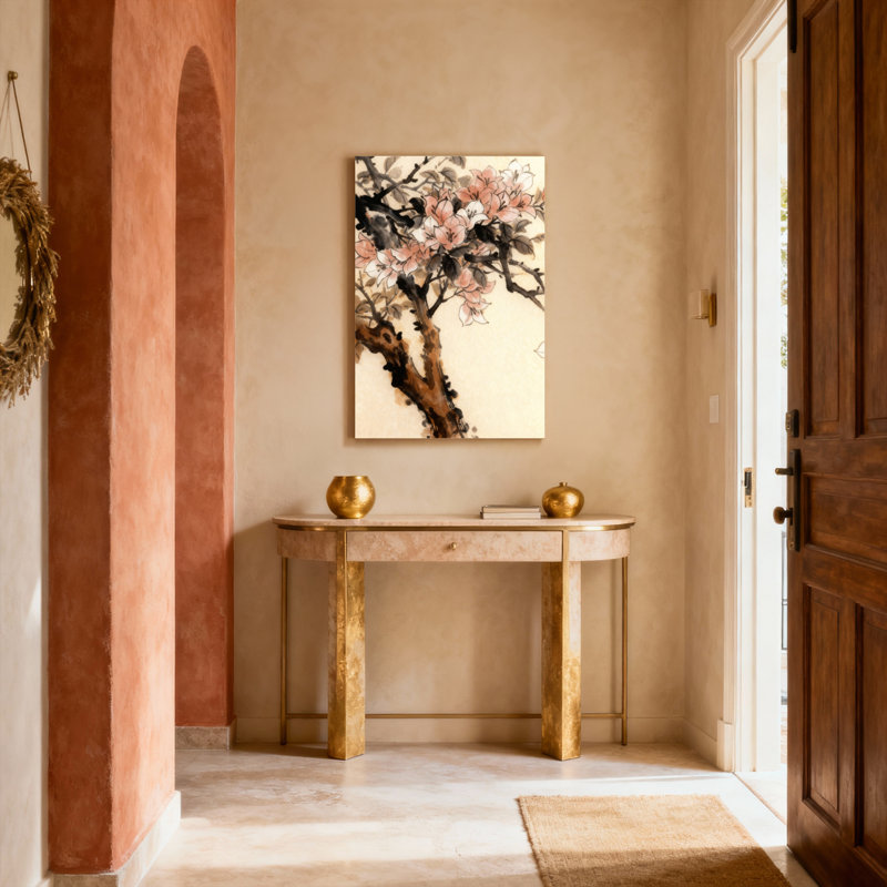 Tableau à l'encre représentant un cerisier en fleurs, sur toile tendue (lot de 1)., H 20 po x l 30 po, Noir