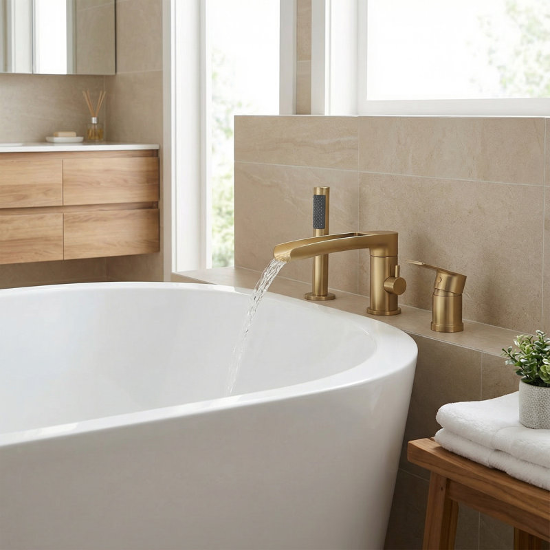 Solid Brass Deck Mounted Tub Faucet With Pull Out Hand Shower, Gold