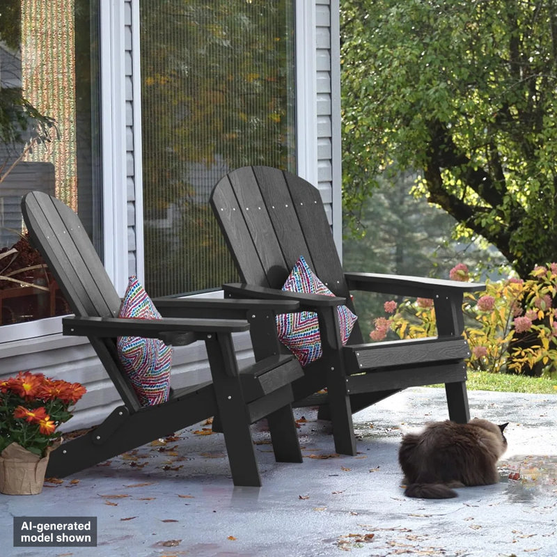 Patio Folding Adirondack Chairs set of 2, Outdoor All Weather HIPS Foldable Adirondack Chair with Cup Holder, Black