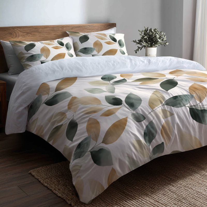 Ensemble de literie 3 pièces Floral - Ensemble de housse de couette et coussin décoratif Brown Drift Leaves