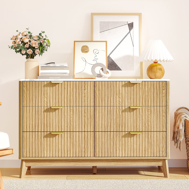 47" Wooden Buffet Cabinet With Faux Marble Top & Fluted Chest Of Drawers With Curved Edges