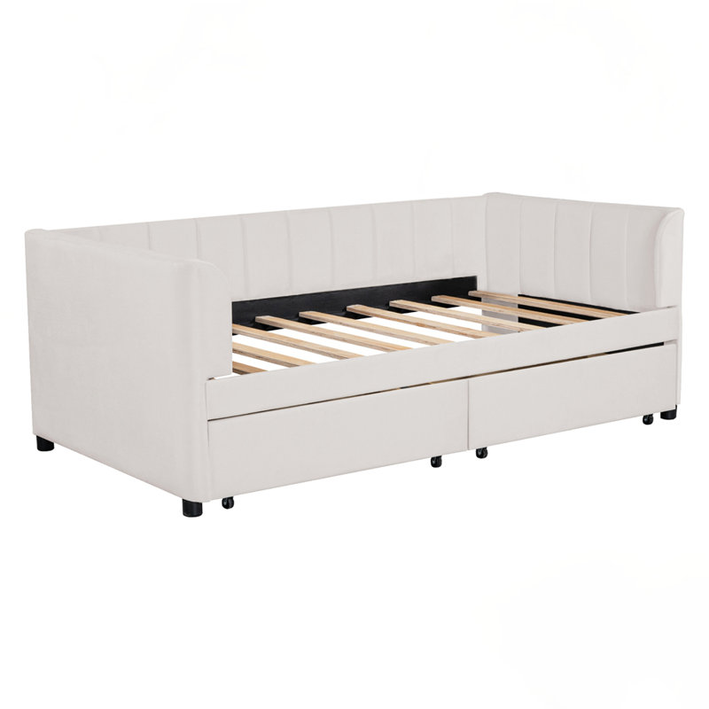 Upholstered Daybed With Ergonomic Design Backrest And Trundle, Beige