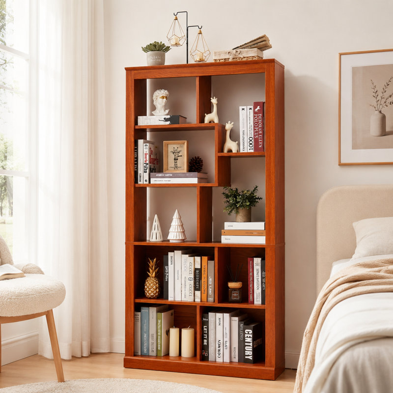 Bibliothèque transitionnelle polyvalente à dos ouvert en bois pour chambre à coucher et espace de travail, Dark Oak
