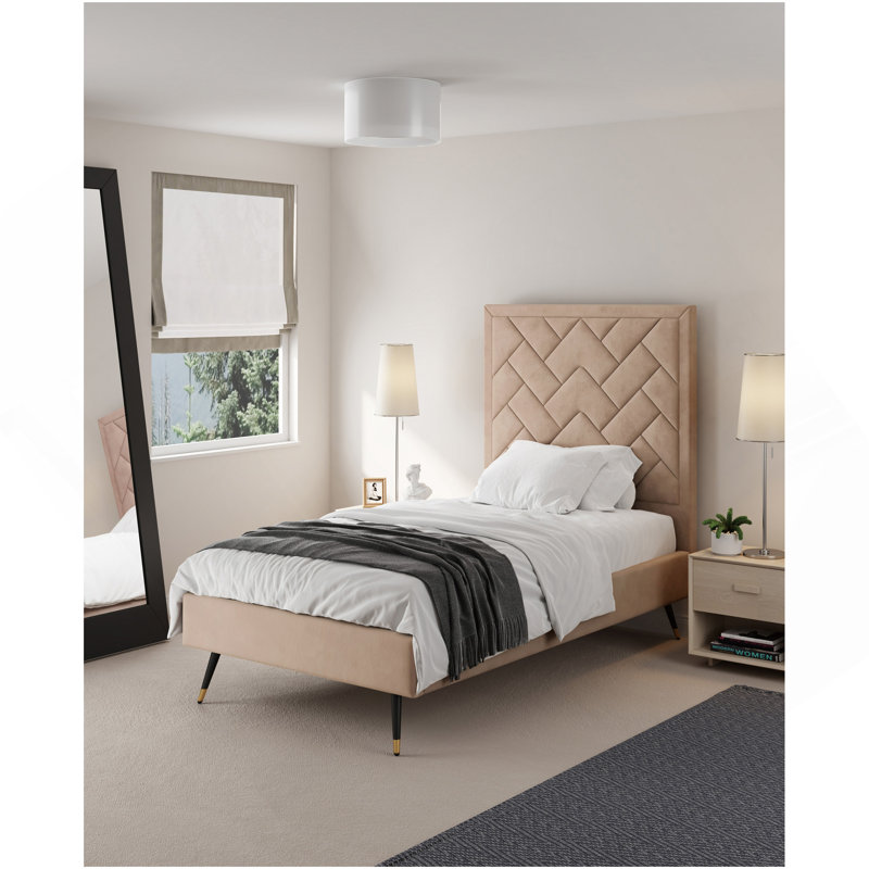 Lit simple en velours Crosby, Naturel, Lit simple