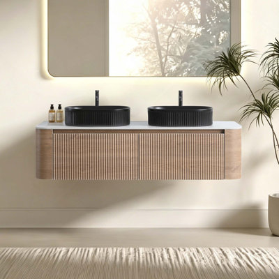 Meuble-lavabo mural 60 po avec lavabo, armoire avec porte-serviettes gratuit, conception de lavabos en céramique rayés ovales doubles sans drain ni robinet, pré-assemblé
