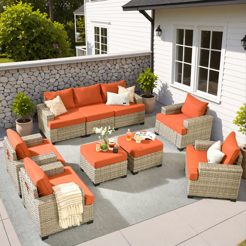 Ensemble de conversation pour 9 personnes avec chaises, ensemble de conversation modulaire en rotin et osier avec coussins, ensemble de conversation pour canapé toutes saisons avec repose-pieds pour jardin