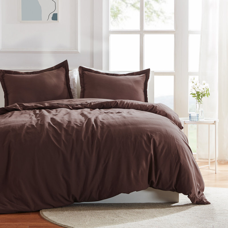 Solid Microfiber Duvet Cover Set - Simple Style Bedding Set For All Season, King Duvet Cover + 2 King Shams, Brown