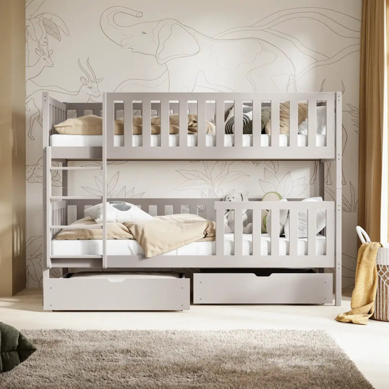 Wooden Bunk Bed Michalina with Storage 90x190cm - Practical, Elevated Bed With Storage Drawers, Cashmere
