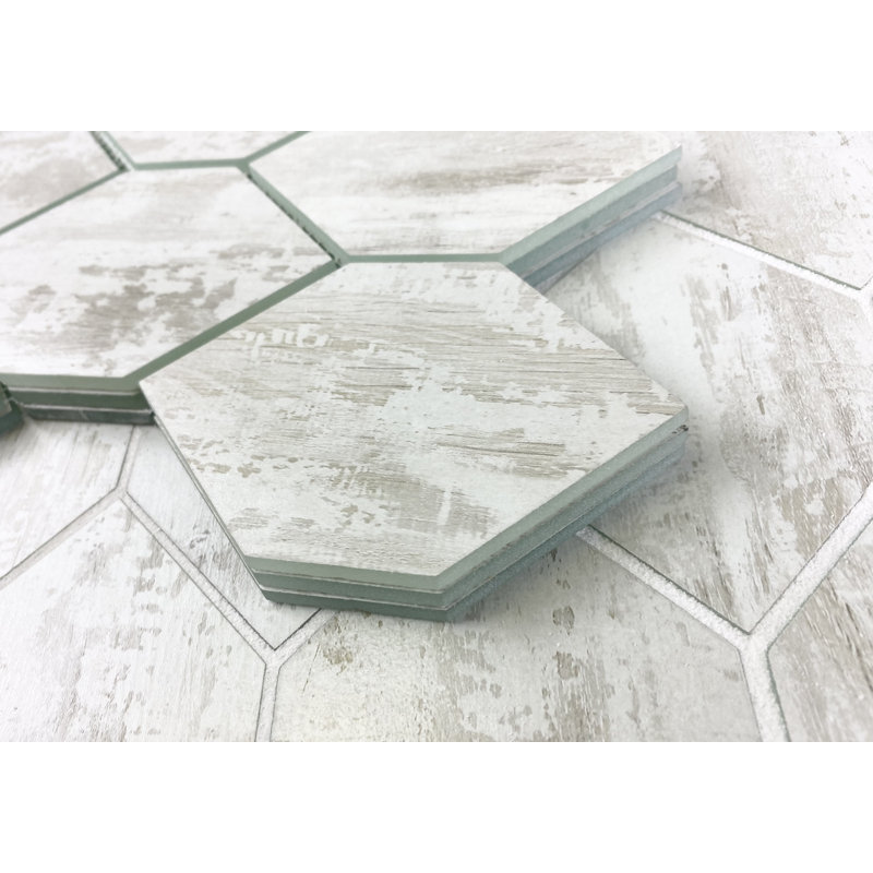 Tuscan Design 4" x 5" Glass Honeycomb Mosaic Wall Tile, Birchwood White, White, Gray