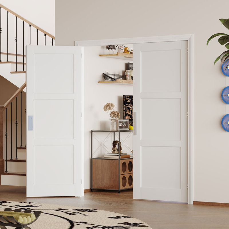 Porte double Slab - 3 panneaux intérieurs en MDF de style shaker blanc (poignée, loquet et goupille inclus, à peindre)