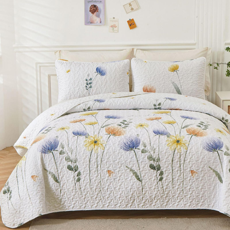 3 Pieces Floral Quilt Set Lightweight Farmhouse Style Coverlet Sets For All Season, Queen Quilt + 2 Queen Shams, Blue/Yellow