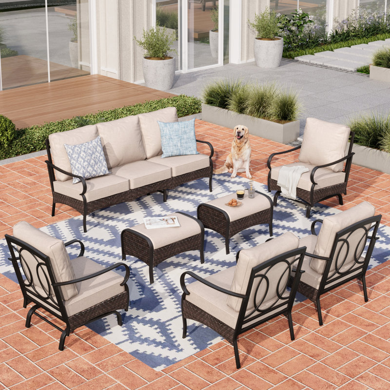 7 - Person Outdoor Seating Group With Rocking Lounge Chairs & Optional Fire Pit Table, No