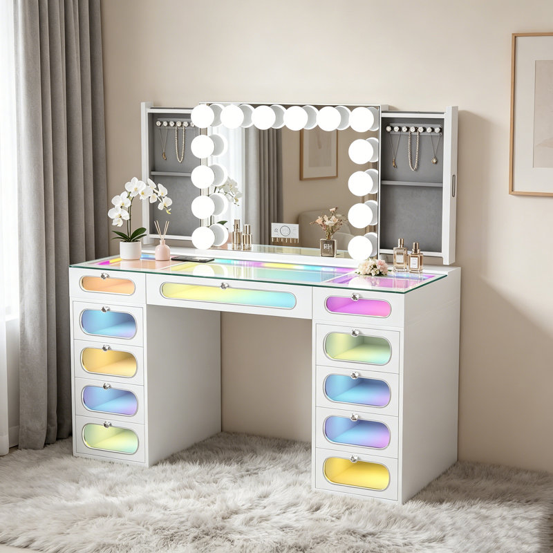 Ensemble de coiffeuse avec 11 tiroirs ovales en verre avec miroir à DEL et modes de couleurs RVB Type C USB pour la chambre à coucher