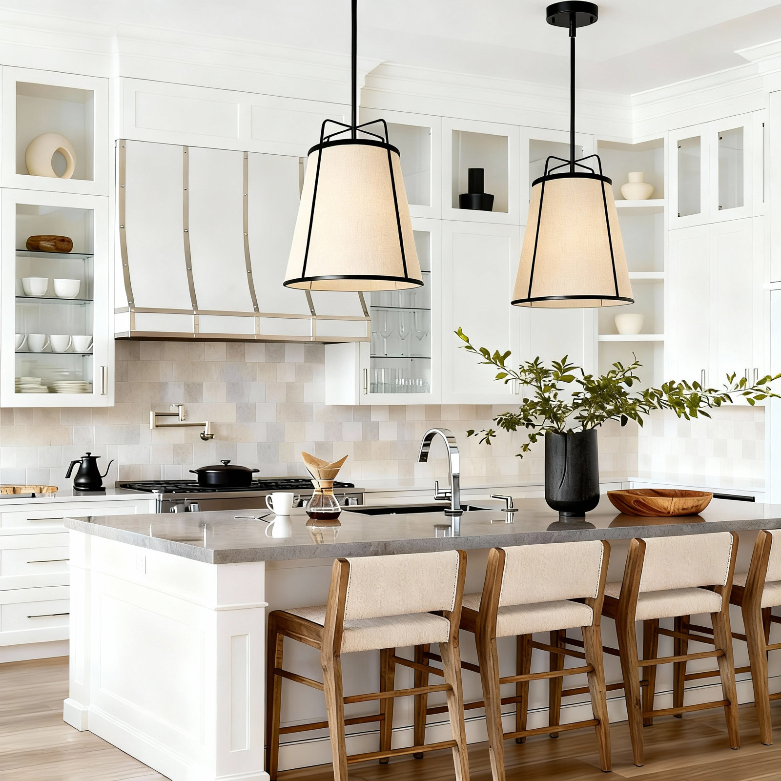 Dimmable Linen 3-Light Pendant, Matte Black