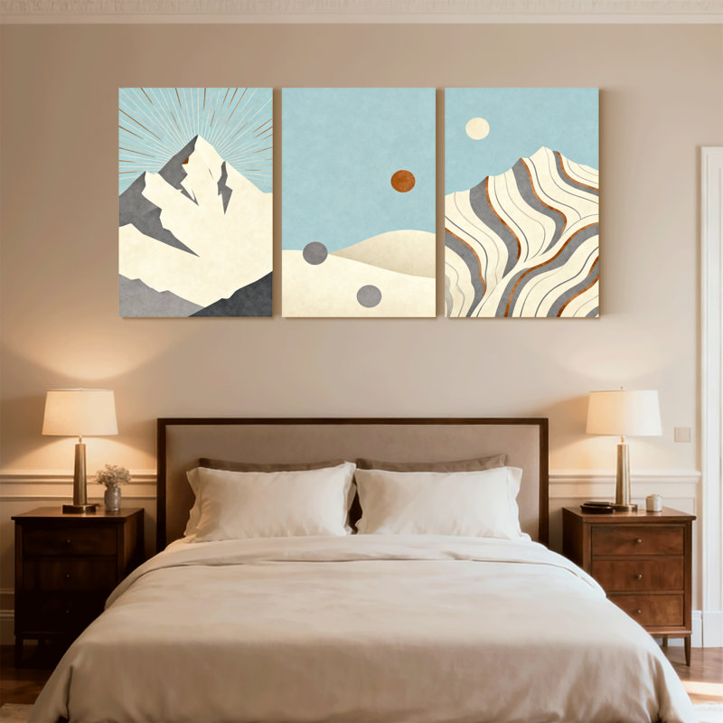 «Abstract Mountain Sunburst Desert Dunes», ensemble de 3 impressions sur toile, H 24 po x l 48 po