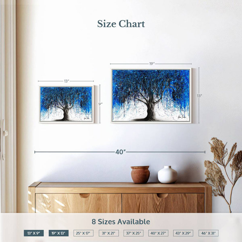 Arbre bleu au clair de lune, Cadre flottant blanc, 19 po x 13 po