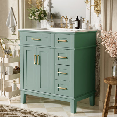 Meuble-lavabo de 30 po avec lavabo en céramique, armoire de rangement moderne avec portes à fermeture douce, tiroir profond et tiroir standard, meuble-lavabo élégant pour les petites salles de bain