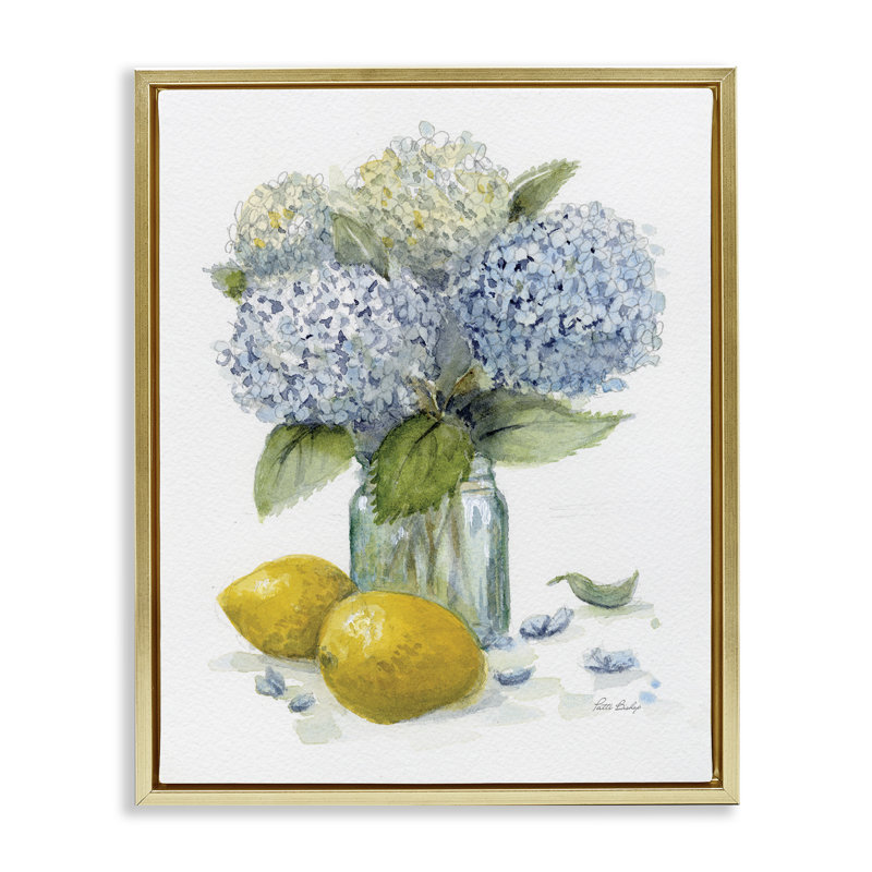 Cadre flottant dans un vase Hydrangeas & Lemons, design par Patti Bishop, H 21 po x l 17 po, Cadre flottant métallique doré