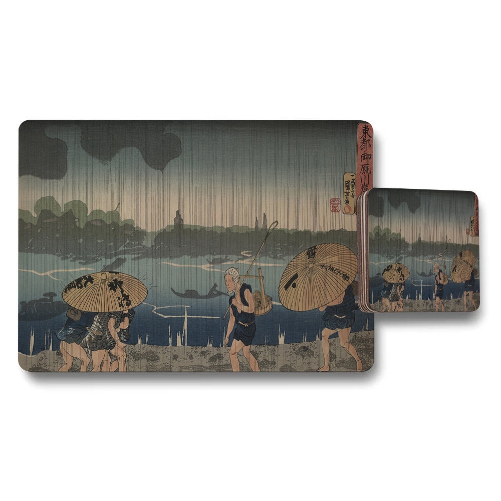 Japanese Ukiyoe Style Placemat and Coaster Set with Riverside Scene