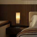 Modern Table Lamp, Upright Beige Linen Drum Shade, Black Metal 22 Inch