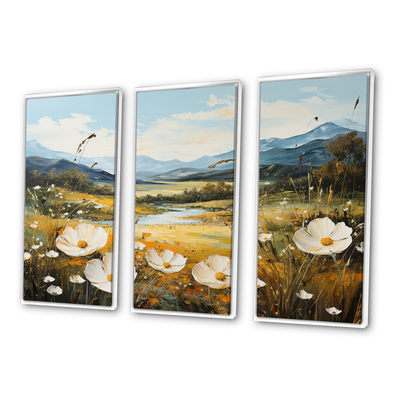 Ensemble de salon Buttercups Flowers Mountain Landscape I - Flowers, Cadre flottant blanc, H 40 po x l 60 po x P 1 po