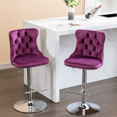 Velours, siège réglable de 25 à 33 pouces de hauteur, base, dossier, mauve, de 2 pour siège de cuisine pivotant, avec dossier,