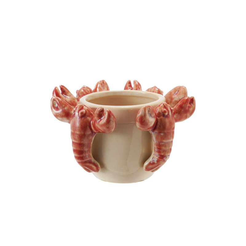 Pot de fleurs en grès avec homards 3D et glacis réactif, crème et orange