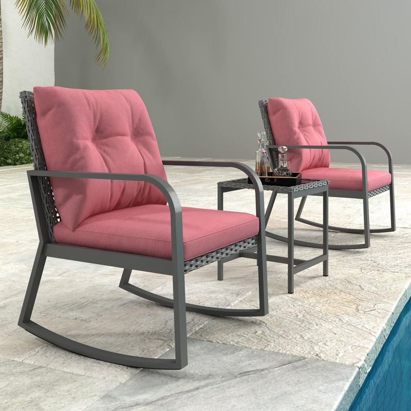 3 Pieces Patio Bistro Set Set Outdoor Furniture With 2 Black Wicker-Top Rocking Chairs Going With Cobalt Red Cushions And 1 Glass-Top Table For Countyard, Poolside