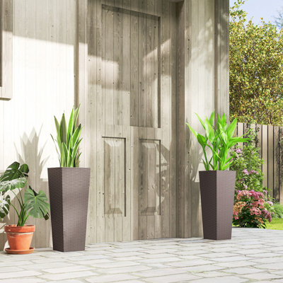 Jardinières de 23,6 pouces de hauteur pour plantes d'extérieur, ensemble de 2 pots à fleurs en plastique de type rotin avec trous de drainage, jardinières effilées empilables pour plantes d'intérieur, véranda, brun