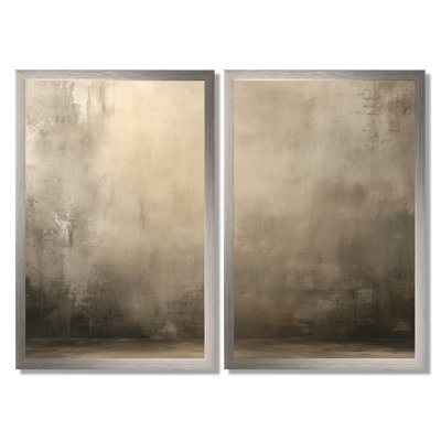 «Hazy Summer Landscape In Beige By The Lake - Minimalisme, art sur toile, art mural minimaliste brun 2 pièces