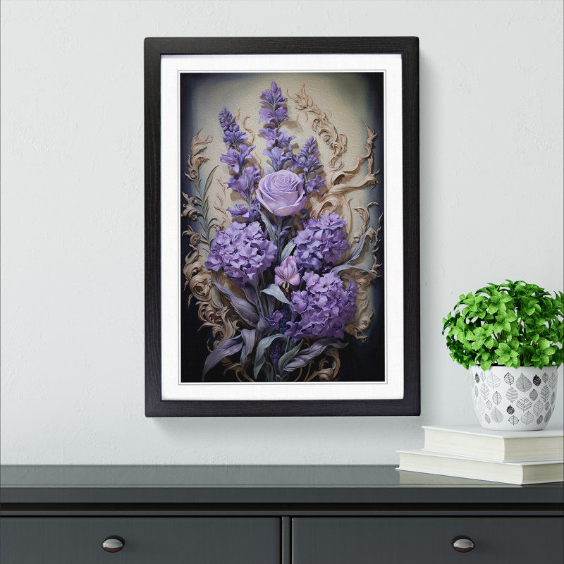 Lavender Flower Baroque No.3 - Single Picture Frame Print on Wood, Black, 46cm H x 34cm W x 2cm D