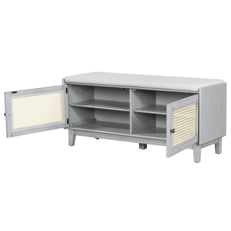 Banc de rangement en rotin avec rangement Boho, Gris délavé