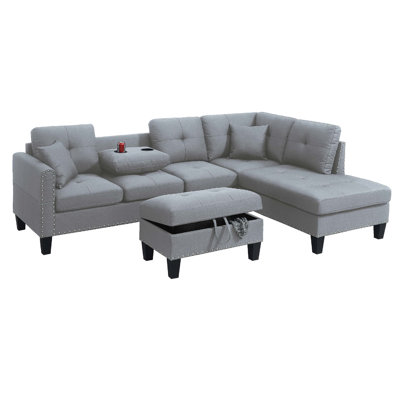 Rema 3Pc Sectional Sofa, Chaise, Ottoman, 2 Pillows,   Linen