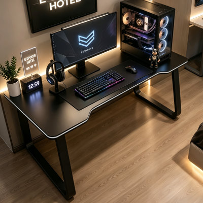 Bureau d'ordinateur de jeu moderne et épuré de 140 cm (55,12 pouces), structure en acier, bords incurvés, noir.