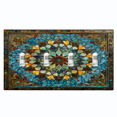 Plaque d'interrupteur en métal ; interrupteur à bascule 4 voies, taille standard américaine ; motif mandala en mosaïque de vitrail imprimé
