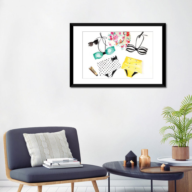 Summer Bikinis, peinture sur toile tendue, Papier beaux-arts encadré noir, Blanc, H 24 po x l 32 po x P 1 po