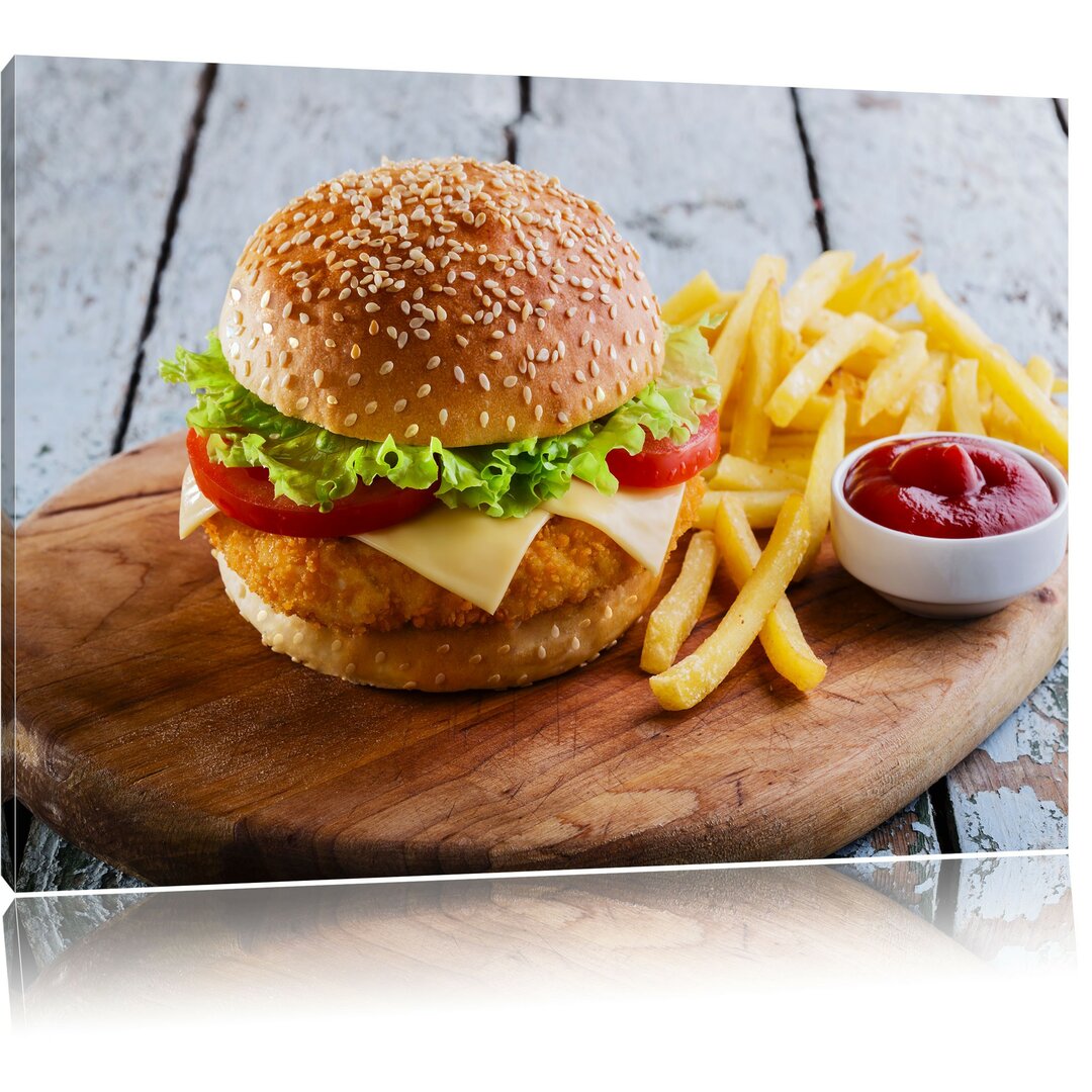 Leinwandbild Chickenburger Pommes