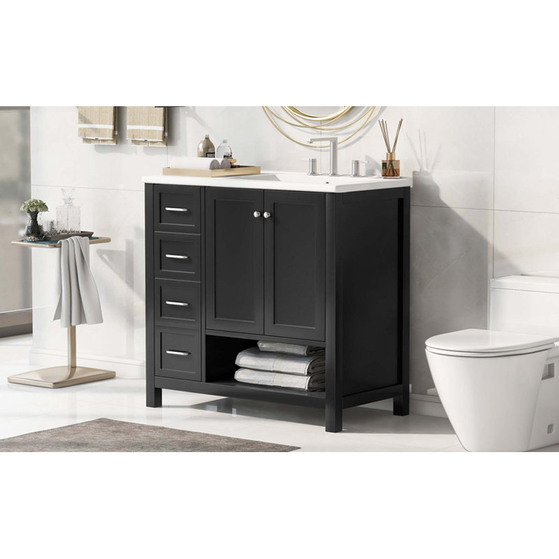 Meuble-lavabo de salle de bain avec comptoir, meuble-lavabo avec deux portes et deux tiroirs, bois massif, tablette ouverte, panneaux de fibres à densité moyenne, un paquet