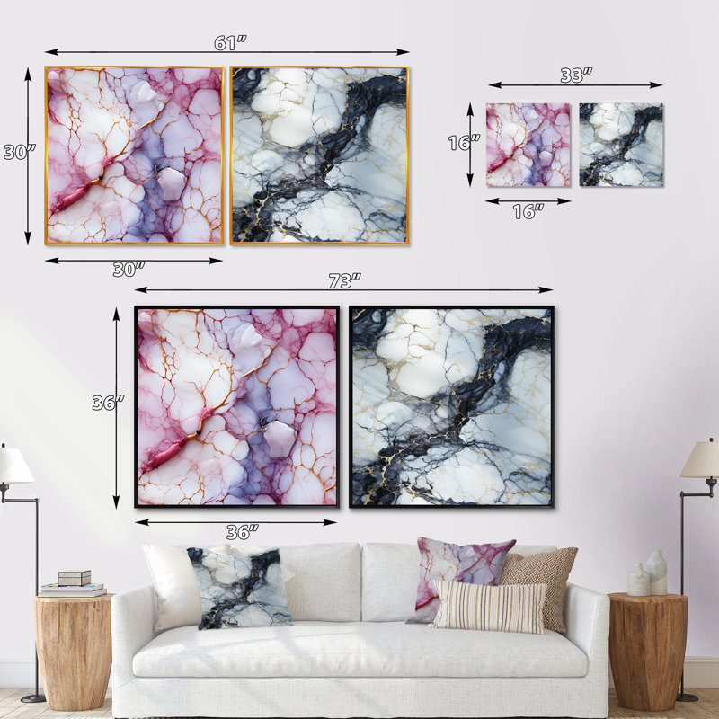 Kasterlee Timeless Marble Classic Delights - Ensemble de 2 collages abstraits carrés, H 16 po x l 33 po, Cadre flottant doré