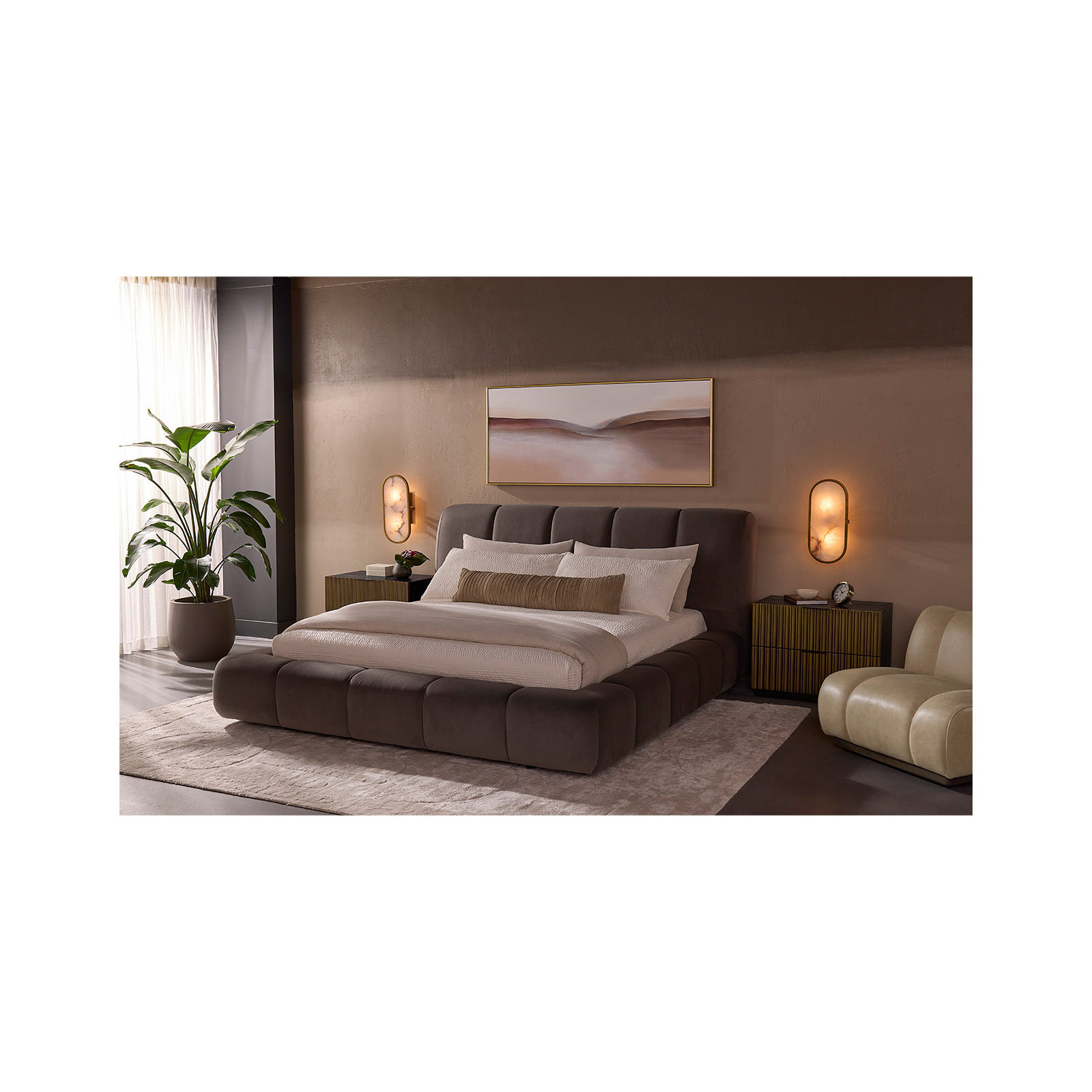 Vandalia Upholstered Scalloped Bed, Queen, Brown
